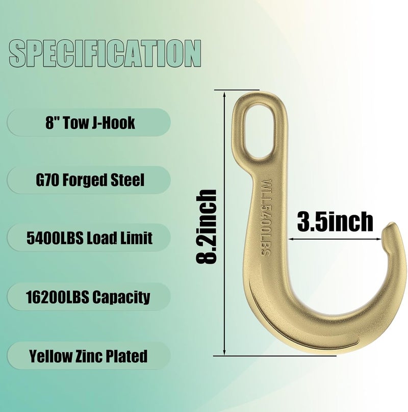 AODESTINY 2PCS 8" Heavy Duty J Hooks for Towing, Yellow Zinc Plated Tow J Hook Grade 70 Clevis J Hook for Transport Chain, 5400LBS Capacity Heavy Load - Image 2